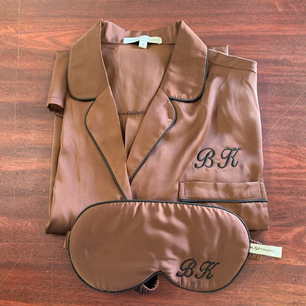 Brown satin pajama set and eye mask with embroidered initials