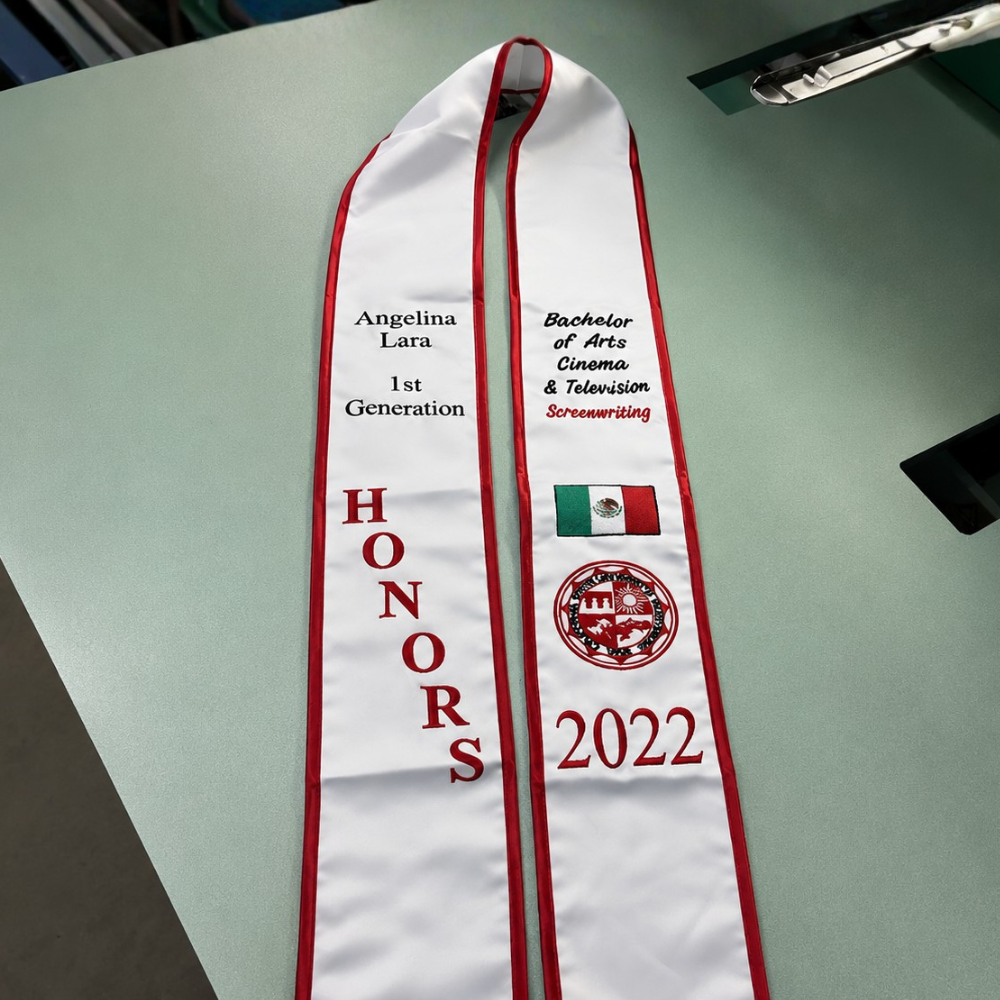 White graduation honors stole with embroidered text and 2022 details