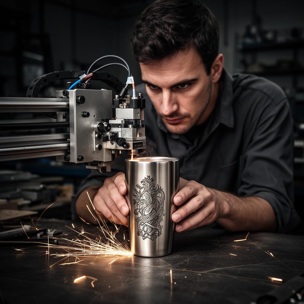 Craftsman laser engraving a custom tumbler