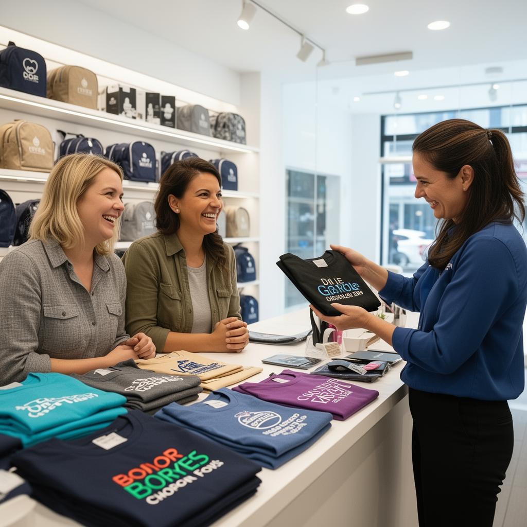 Customers reviewing custom products in the shop